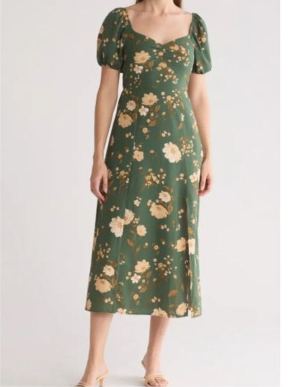 Blu Pepper Green Floral Midi Dress with Puff Sleeves